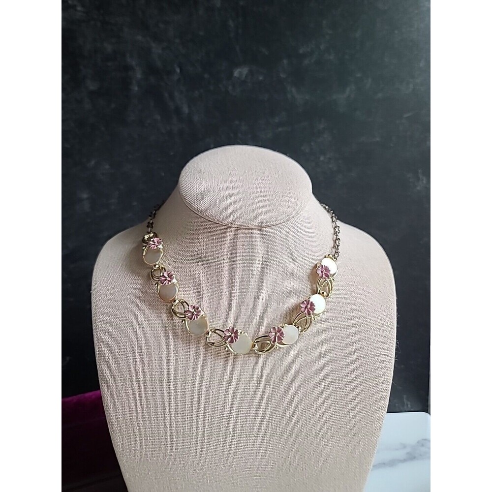 Mother of Pearl Disc Floral Enamel Adjustable Choker Necklace Vintage, READ